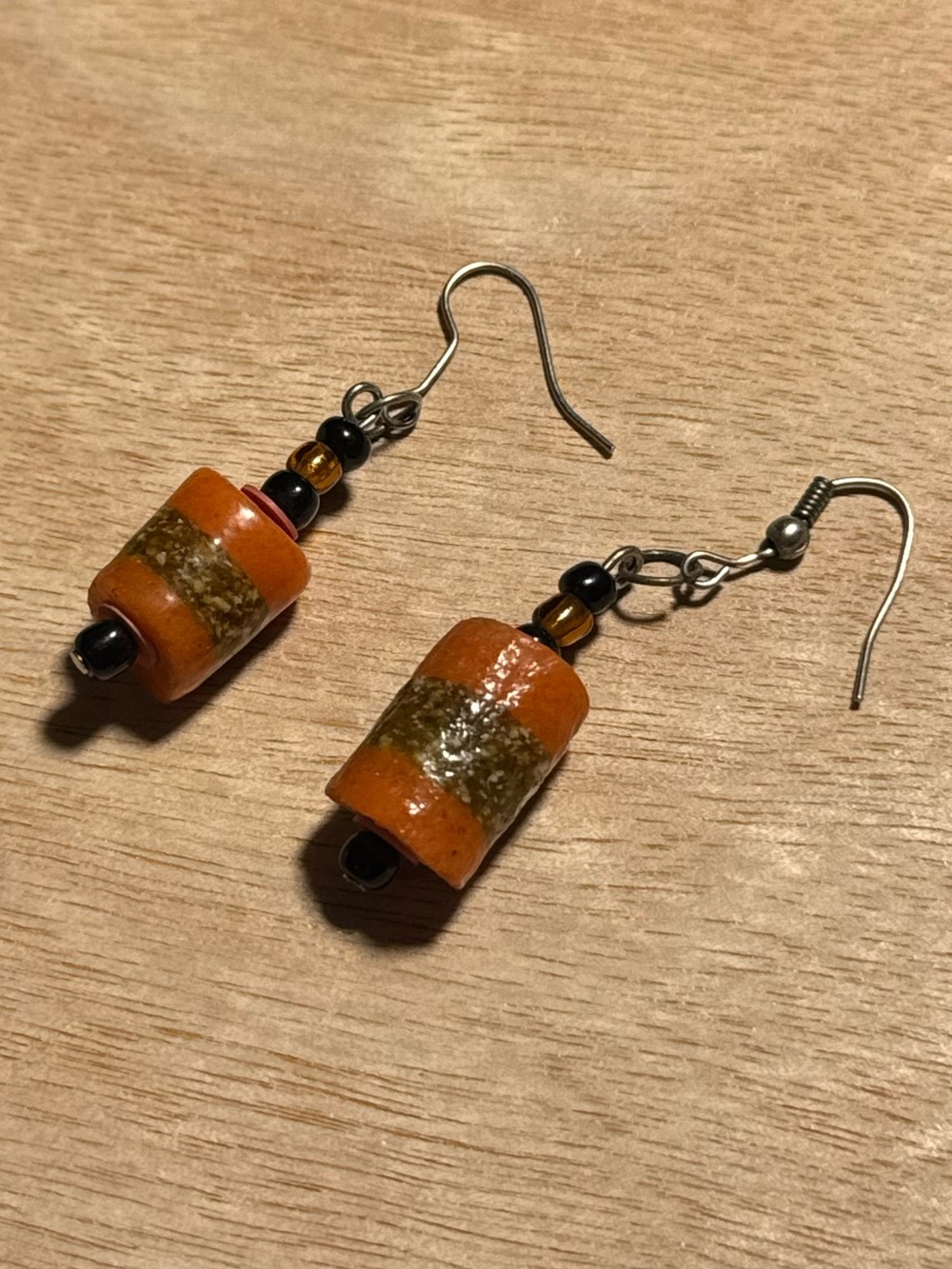 Handmade Orange and Gold Beaded Dangle Earrings